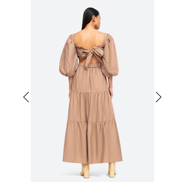 Sea Puff Sleeve Open Back Smocked Cotton Maxi Midi Dress - Picture 4 of 7